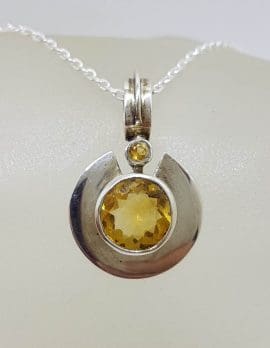 Sterling Silver Citrine Wide Border Round Pendant on Silver Chain