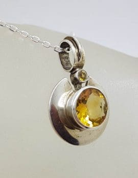 Sterling Silver Citrine Wide Border Round Pendant on Silver Chain