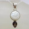 Sterling Silver Round Button Pearl with Smokey Quartz Pendant on Silver Chain