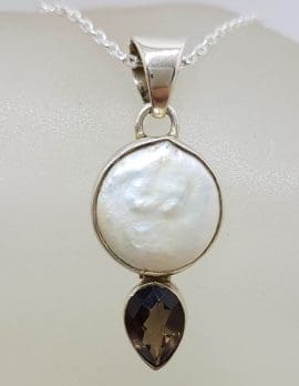 Sterling Silver Round Button Pearl with Smokey Quartz Pendant on Silver Chain