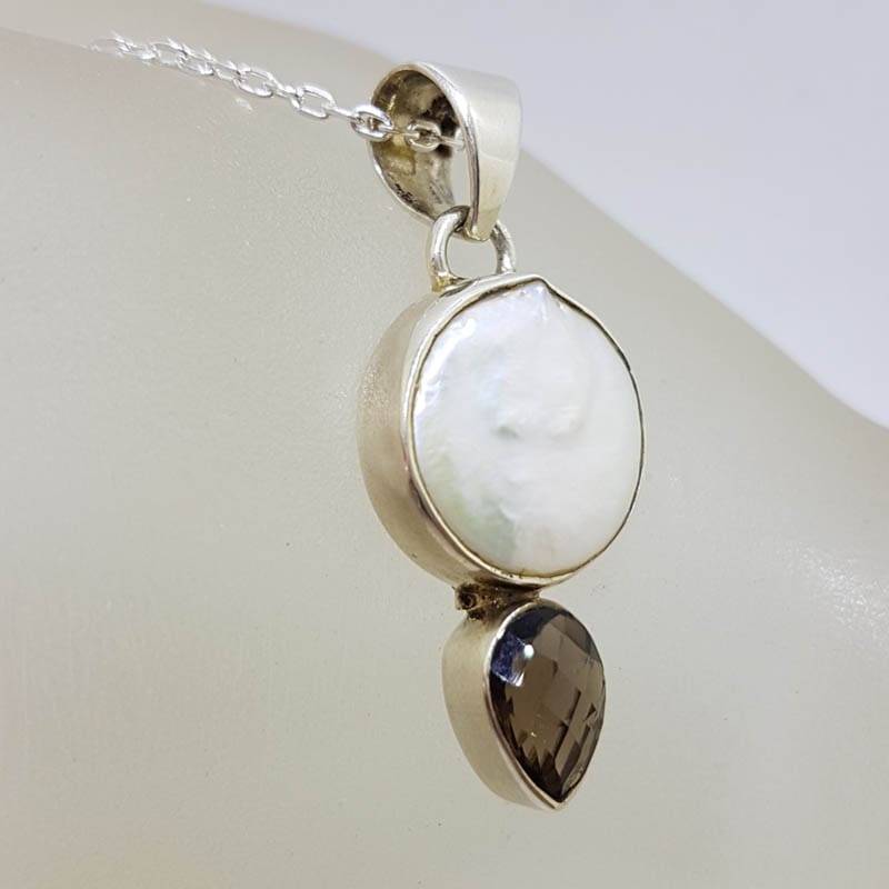 Sterling Silver Round Button Pearl with Smokey Quartz Pendant on Silver Chain Sterling Silver Round Button Pearl with Smokey Quartz Pendant on Silver Chain