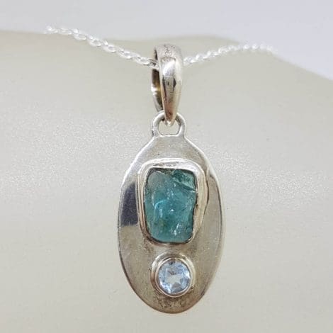 Sterling Silver Aquamarine in Rough Natural Form with Topaz Oval Pendant on Silver Chain