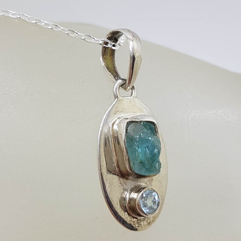 Sterling Silver Aquamarine in Rough Natural Form with Topaz Oval Pendant on Silver Chain