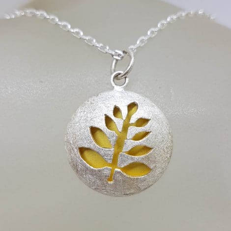 Sterling Silver and Plated Leaf Pattern Matte Finish Round Pendant on Silver Chain