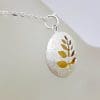 Sterling Silver and Plated Leaf Pattern Matte Finish Round Pendant on Silver Chain