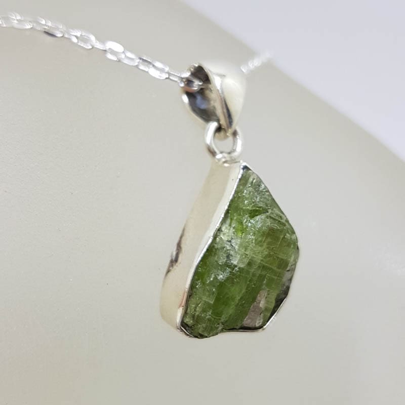 Sterling Silver Green Tourmaline in Rough Natural Form Pendant on Silver Chain Sterling Silver Green Tourmaline in Rough Natural Form Pendant on Silver Chain
