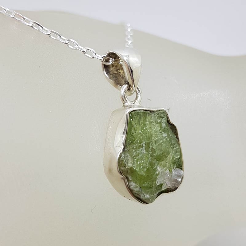 Sterling Silver Green Tourmaline in Rough Natural Form Pendant on Silver Chain