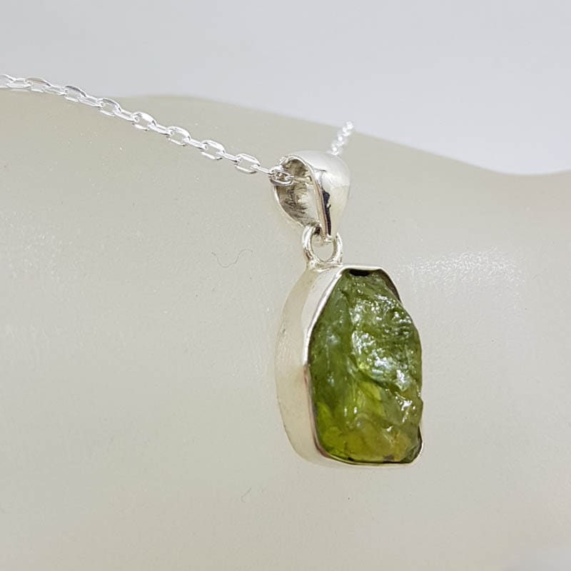 Sterling Silver Green Tourmaline in Rough Natural Form Pendant on Silver Chain