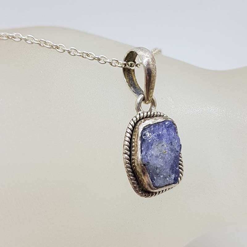 Sterling Silver Tanzanite Natural Cut Freeform Shape Pendant on Silver Chain