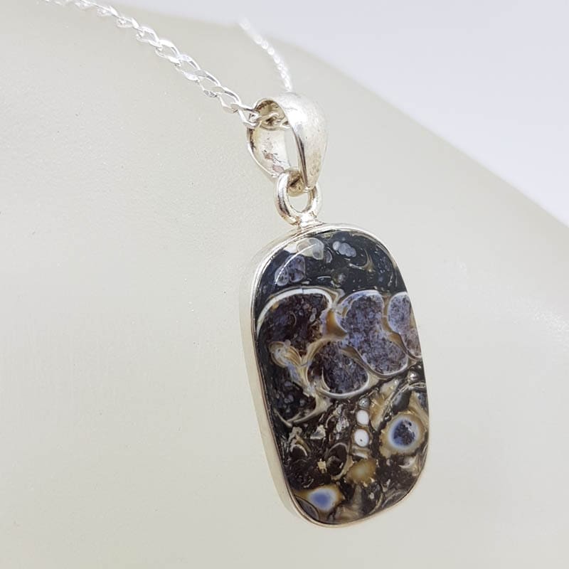 Sterling Silver Turritella Agate Rectangular Pendant on Silver Chain Sterling Silver Turritella Agate Rectangular Pendant on Silver Chain