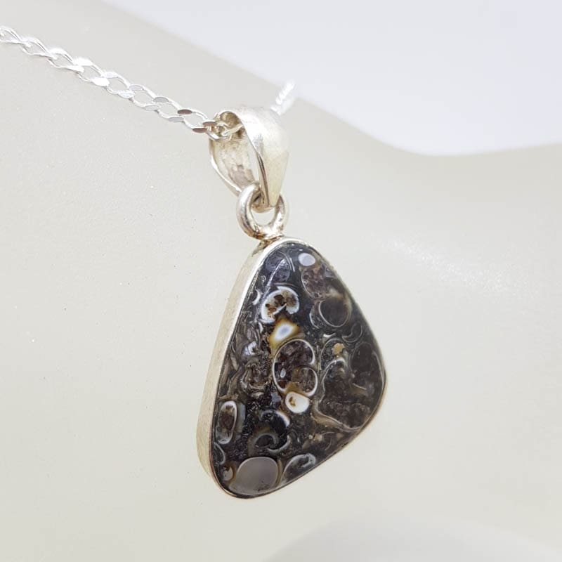 Sterling Silver Turritella Agate Triangular Pendant on Silver Chain Sterling Silver Turritella Agate Triangular Pendant on Silver Chain