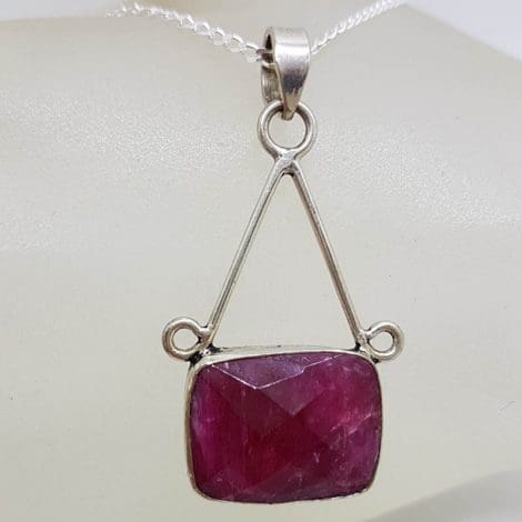 Sterling Silver Rectangular Ruby Long Drop Pendant on Silver Chain