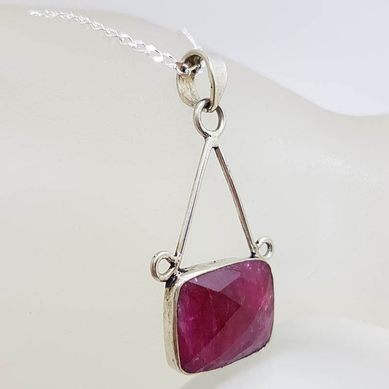 Sterling Silver Rectangular Ruby Long Drop Pendant on Silver Chain Sterling Silver Rectangular Ruby Long Drop Pendant on Silver Chain