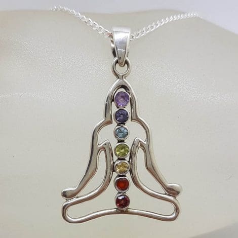 Sterling Silver Multi-Colour Gemstones Meditation Chakra Pendant on Silver Chain