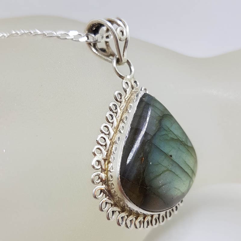Sterling Silver Labradorite Cabochon Cut Teardrop / Pear Shape Twist Rim Pendant on Silver Chain