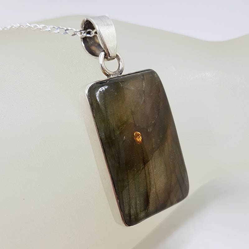 Sterling Silver Labradorite Cabochon Cut Rectangular Pendant on Silver Chain Sterling Silver Labradorite Cabochon Cut Rectangular Pendant on Silver Chain