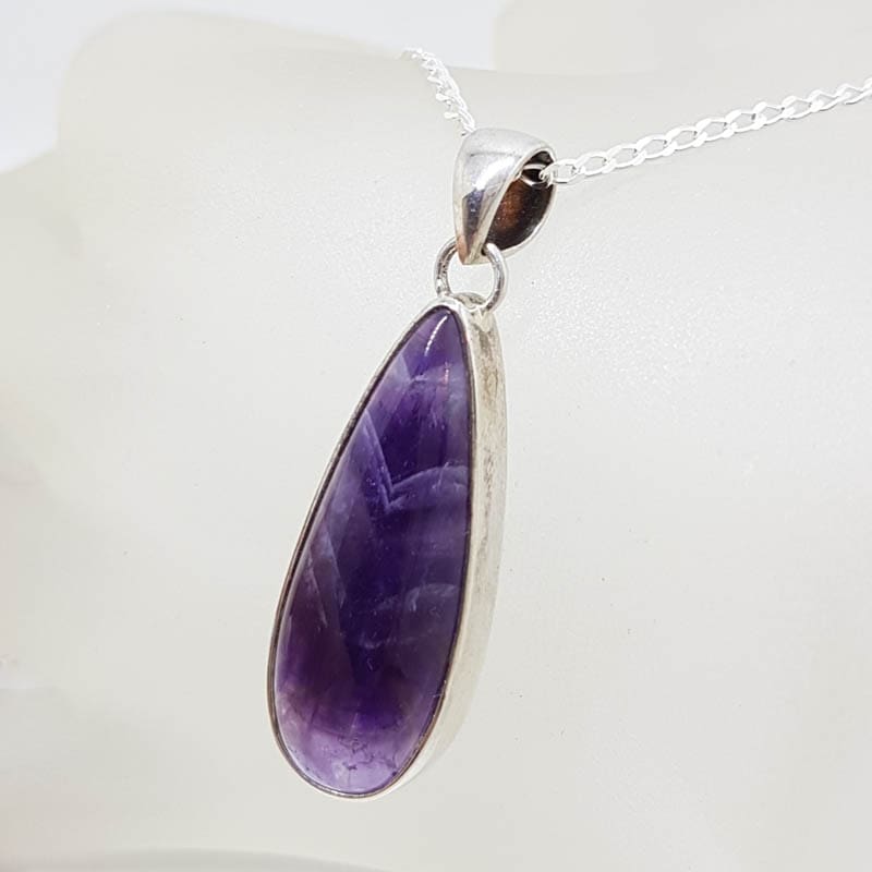Sterling Silver Amethyst Teardrop / Pear Shape Cabochon Cut Bezel Set Pendant on Silver Chain