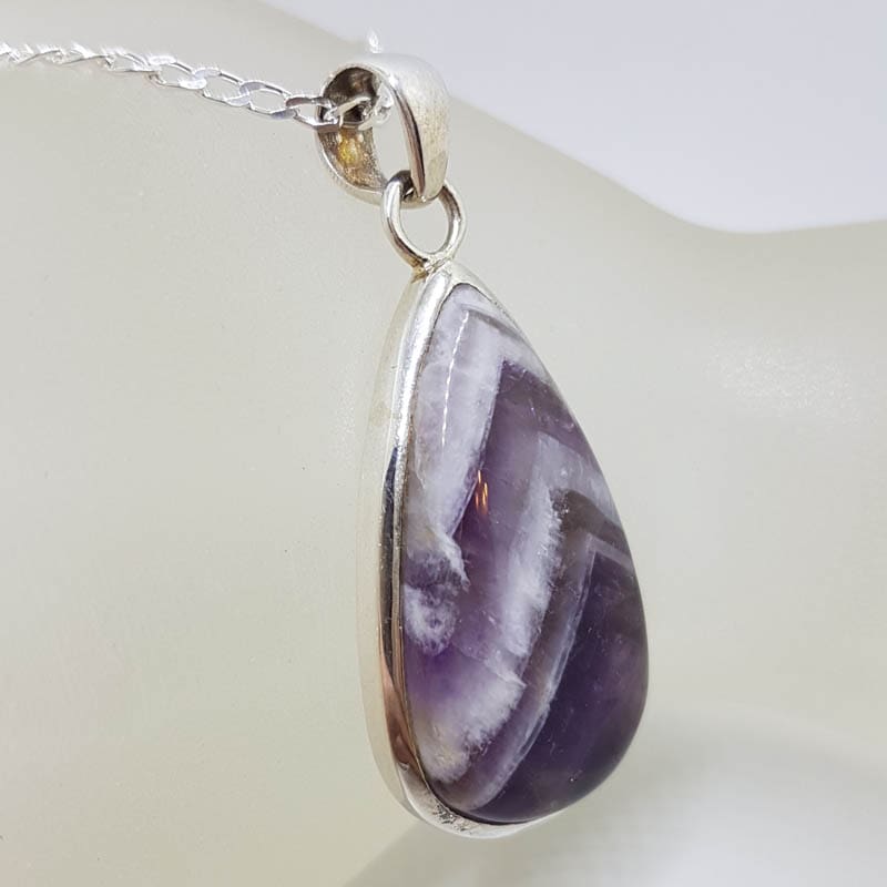 Sterling Silver Amethyst Large Teardrop / Pear Shape Cabochon Cut Bezel Set Pendant on Silver Chain