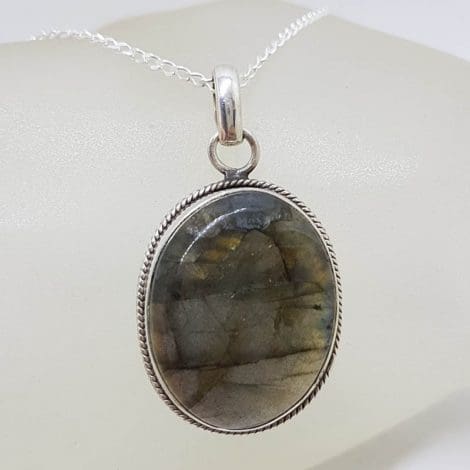 Sterling Silver Labradorite Cabochon Cut Oval with Patterned Rim Pendant on Silver Chain