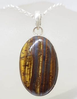 Sterling Silver Tiger Eye Large Oval Pendant on Silver Chain