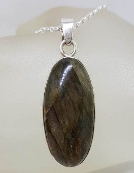 Sterling Silver Labradorite Cabochon Cut Elongated Oval Pendant on Silver Chain