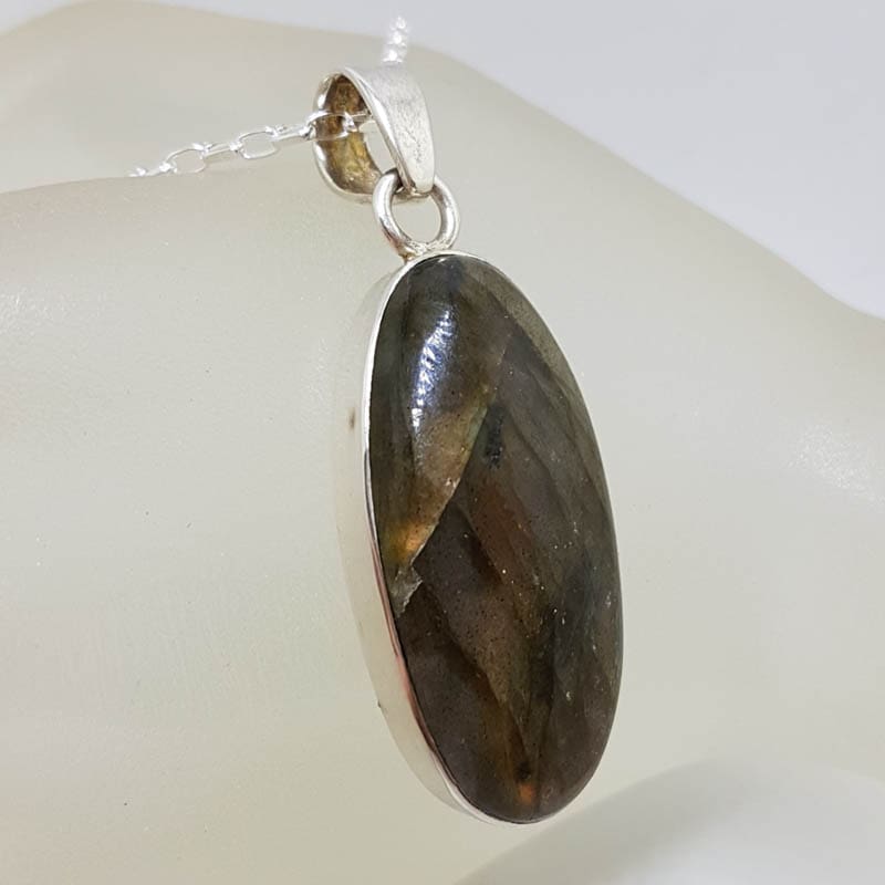 Sterling Silver Labradorite Cabochon Cut Elongated Oval Pendant on Silver Chain