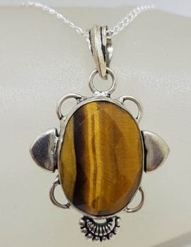 Sterling Silver Tiger Eye Large Oval Ornate Pendant on Silver Chain