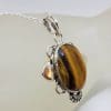 Sterling Silver Tiger Eye Large Oval Ornate Pendant on Silver Chain
