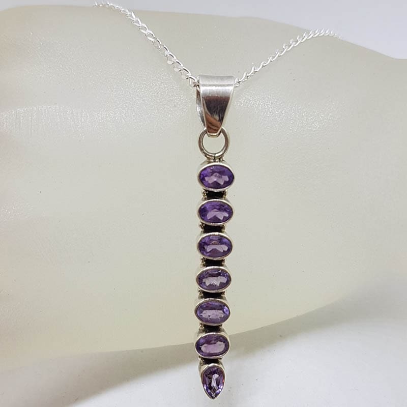 Sterling Silver Amethyst Long 7 Lucky Stones Pendant on Silver Chain