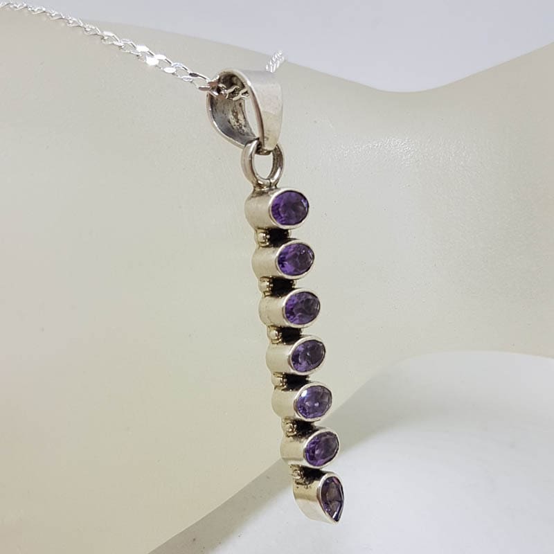Sterling Silver Amethyst Long 7 Lucky Stones Pendant on Silver Chain