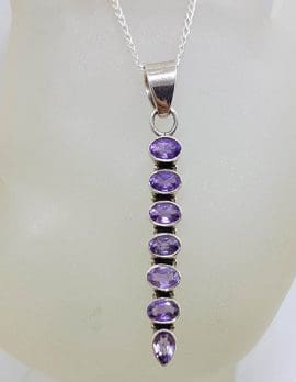 Sterling Silver Amethyst Long 7 Lucky Stones Pendant on Silver Chain