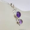 Sterling Silver Amethyst Cabochon Cut Ornate Two Stone Pendant on Silver Chain