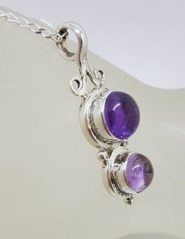 Sterling Silver Amethyst Cabochon Cut Ornate Two Stone Pendant on Silver Chain