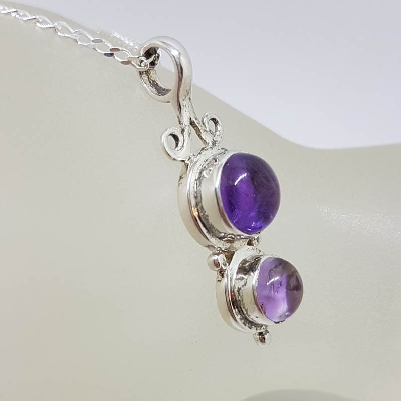 20210918_214056 Sterling Silver Amethyst Cabochon Cut Ornate Two Stone Pendant on Silver Chain