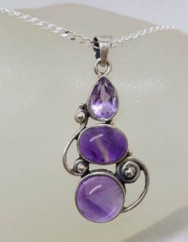 Sterling Silver Amethyst Faceted and Cabochon Cut Ornate Pendant on Silver Chain