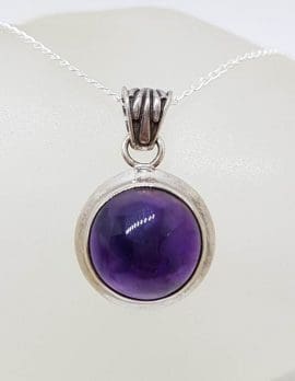 Sterling Silver Amethyst Round Cabochon Cut Bezel Set Pendant on Silver Chain