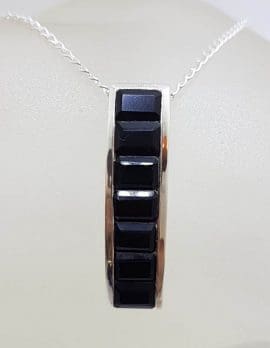 Sterling Silver Black Onyx Long Rectangular Channel Set Pendant on Silver Chain