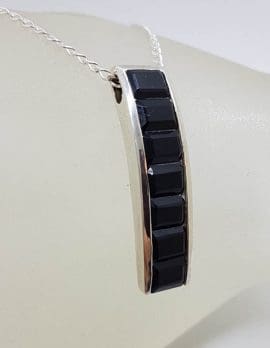 Sterling Silver Black Onyx Long Rectangular Channel Set Pendant on Silver Chain