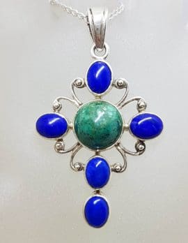 Sterling Silver Lapis Lazuli and Turquoise Ornate Cross Pendant on Silver Chain