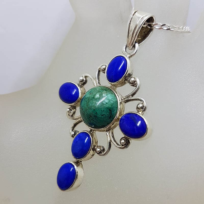 Sterling Silver Lapis Lazuli and Turquoise Ornate Cross Pendant on Silver Chain