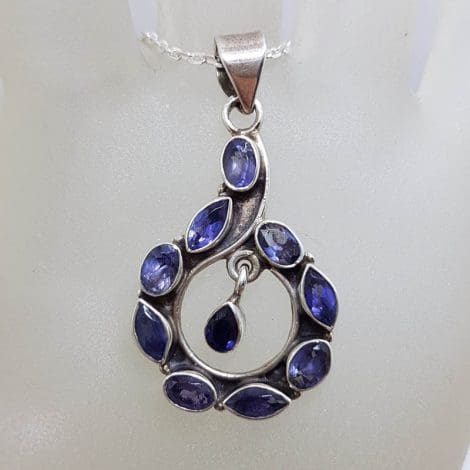 Sterling Silver Iolite Cluster Long Swirl with Drop Design Pendant on Silver Chain