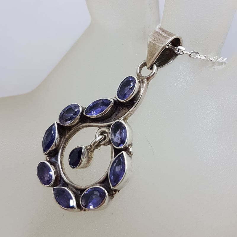 Sterling Silver Iolite Cluster Long Swirl with Drop Design Pendant on Silver Chain