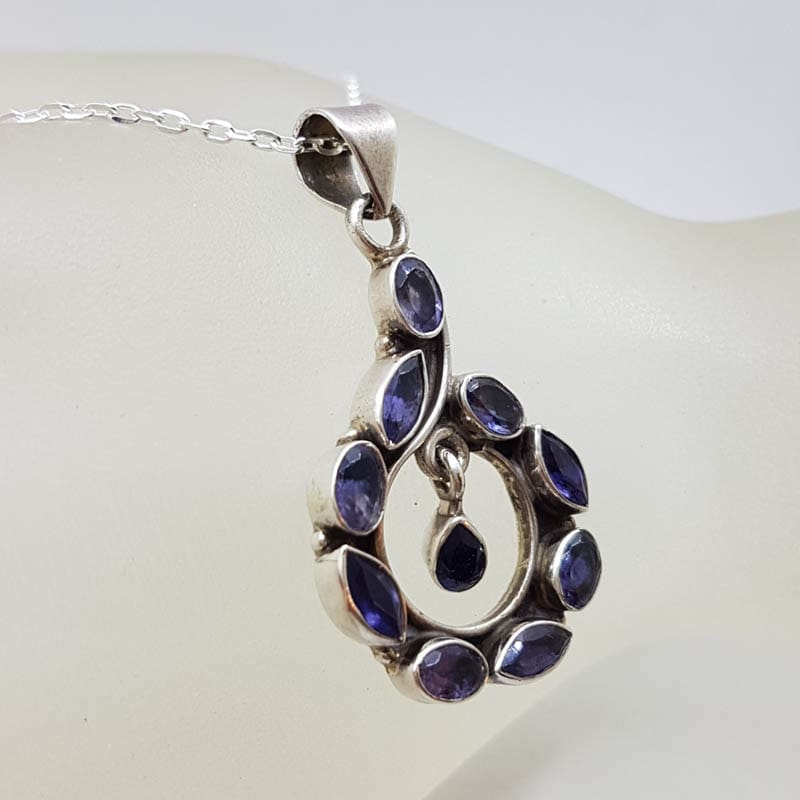 Sterling Silver Iolite Cluster Long Swirl with Drop Design Pendant on Silver Chain