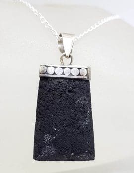 Sterling Silver Black Rectangular with Patterned Top Pendant on Silver Chain