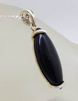 Sterling Silver Black Onyx Long Oval Pendant on Silver Chain