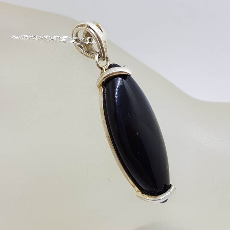 Sterling Silver Black Onyx Long Oval Pendant on Silver Chain