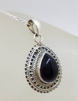 Sterling Silver Black Onyx Teardrop / Pear Shape Ornate Rim Pendant on Silver Chain