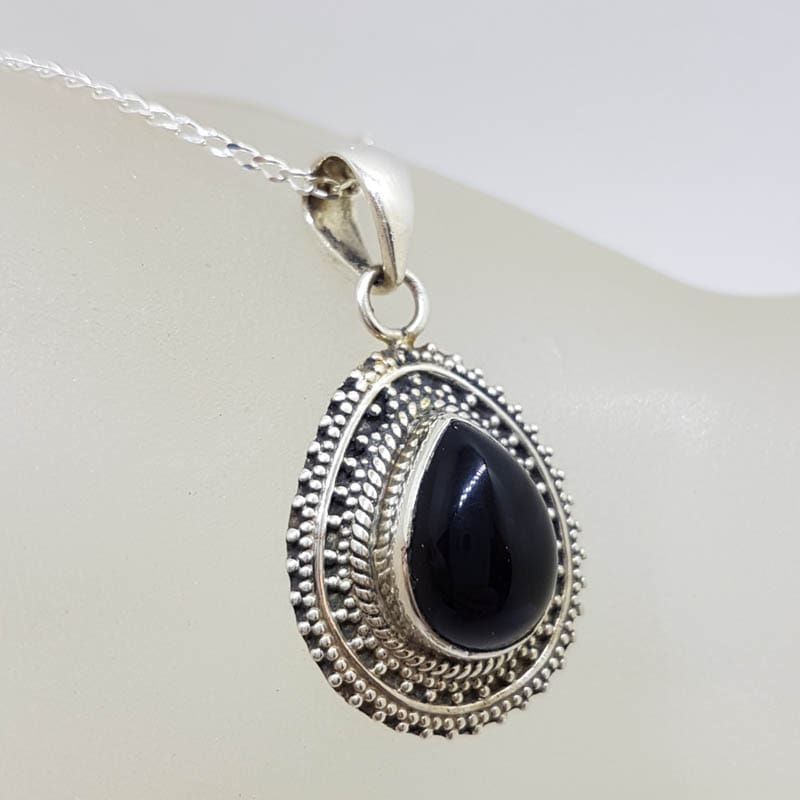 Sterling Silver Black Onyx Teardrop / Pear Shape Ornate Rim Pendant on Silver Chain