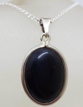 Sterling Silver Black Onyx Large Oval Pendant on Silver Chain