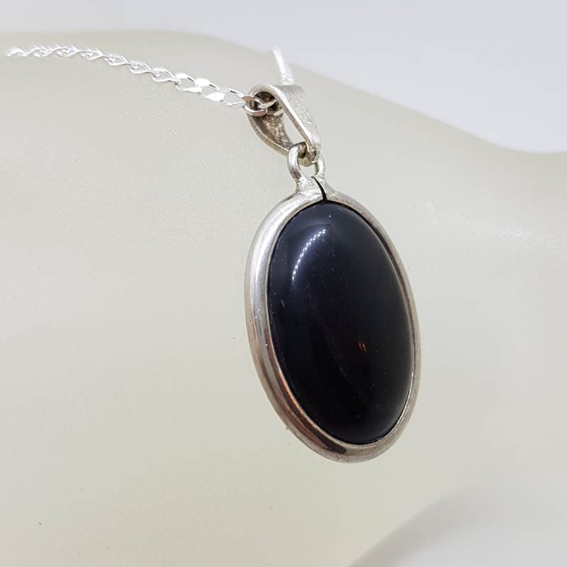 Sterling Silver Black Onyx Large Oval Pendant on Silver Chain